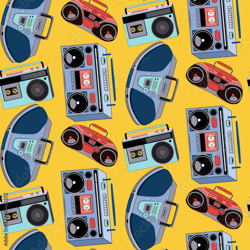 Pattern with tape recorders. Cassette recorder. Vector illustration. For printing on fabric and paper.