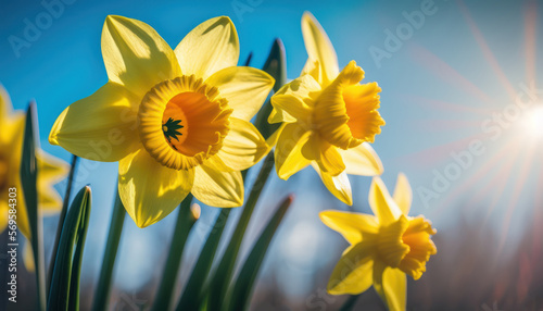 Yellow daffodils or narcissus flowers close up, blue sky background. Spring blooming field. Generative AI