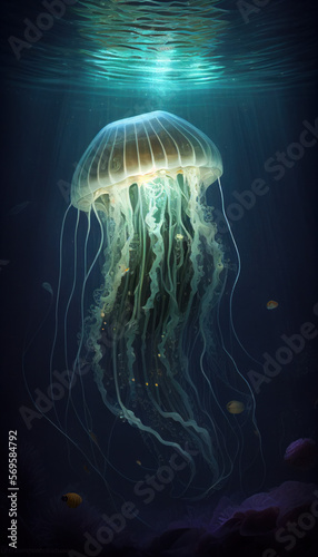 Luminiscent Jellyfish in Deep Sea with Generative AI technology photo