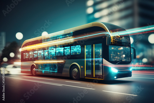 Modern bus driving in a smart city. Futuristic transportation concept. Generative ai.