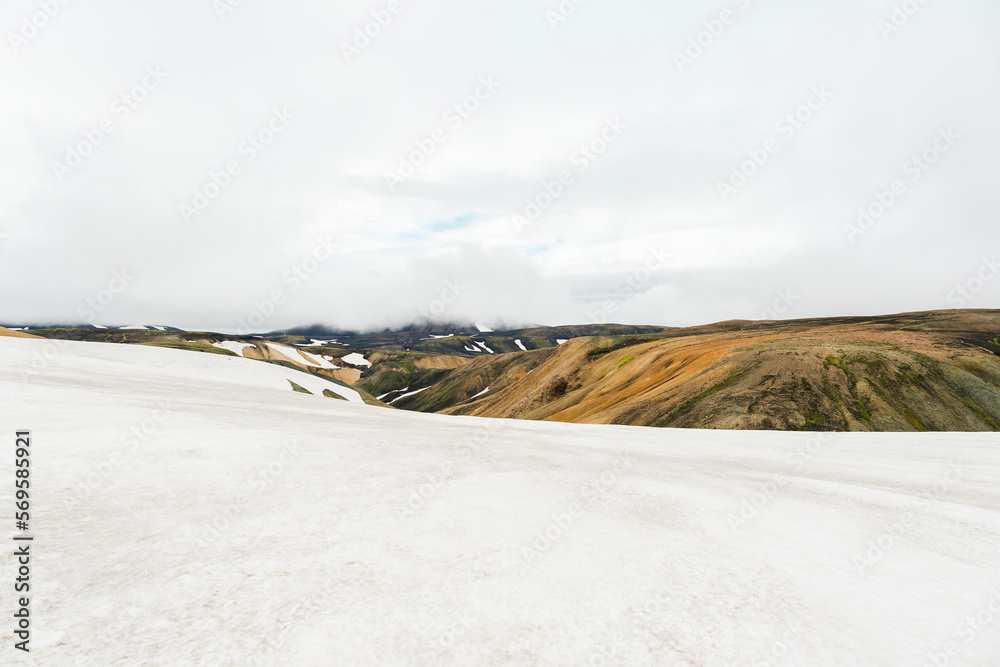 View of snowy landscape in Iceland on cloudy day during famous Laugavegur trail View of snowy landscape in Iceland on cloudy day during famous Laugavegur trail