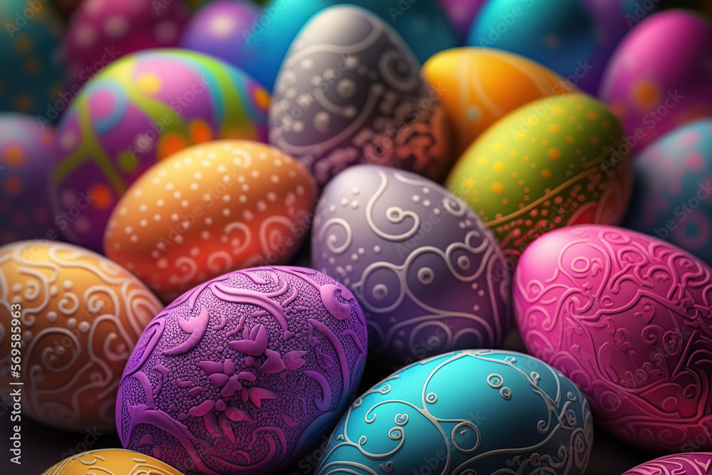 Colorful background of easter eggs collection, easter celebration, created with Generative AI