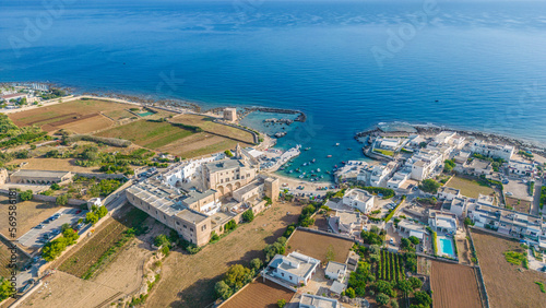 Veduta aerea dell'Abbazia di San Vito a Polignano a Mare in Puglia con drone. © Libero Monterisi