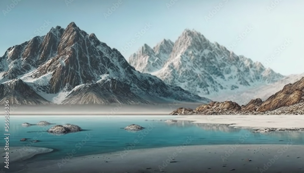  a painting of a mountain range with a lake in the foreground and snow covered mountains in the background, with a blue sky and water in the foreground. Generative AI