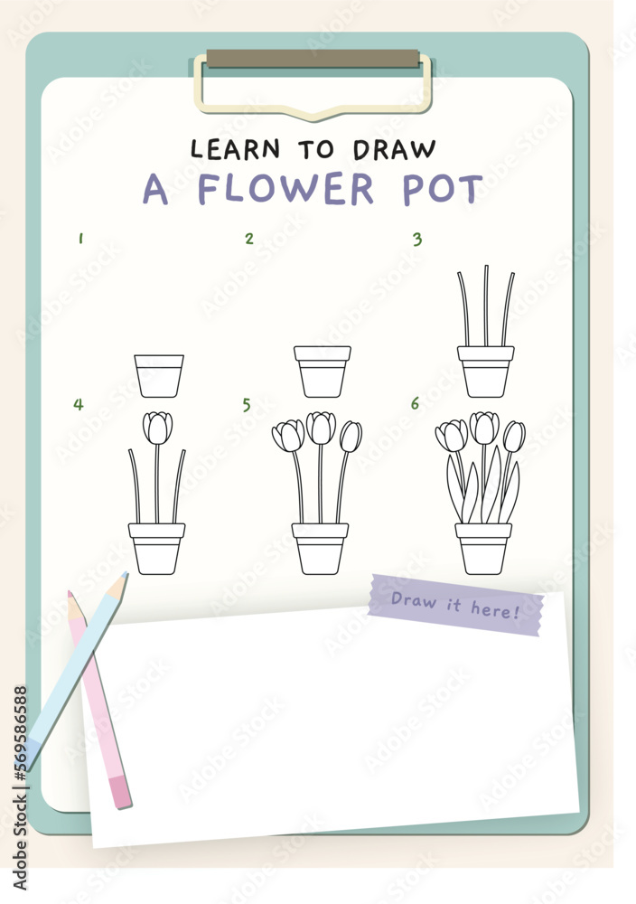 How to draw a flower pot for kids, printable vector illustration