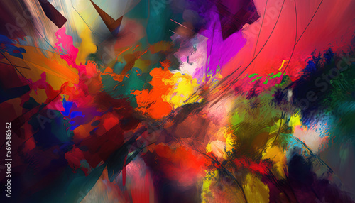  a painting of a multicolored background with a bird flying in the sky above the painting and the background is blurry and blurry. Generative AI