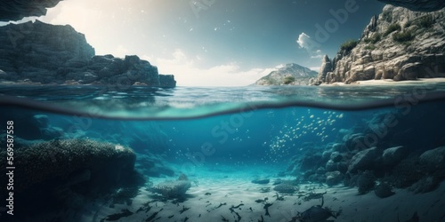 Beautiful underwater environment. Half Underwater, Endless Ocean: A Wide Shot into the Mysterious Deep. 