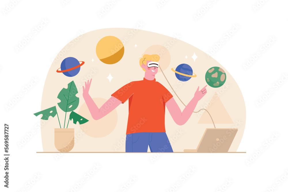 Metaverse orange concept with people scene in the flat cartoon style. Guy got into virtual reality with help of digital gadgets and technologies. Vector illustration.