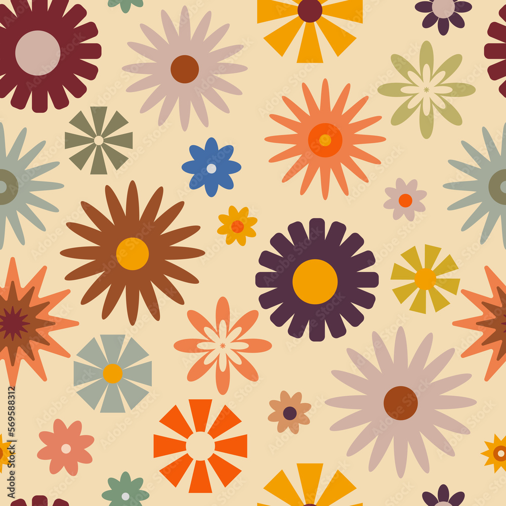 Retro seamless pattern with flowers in 60s style 
