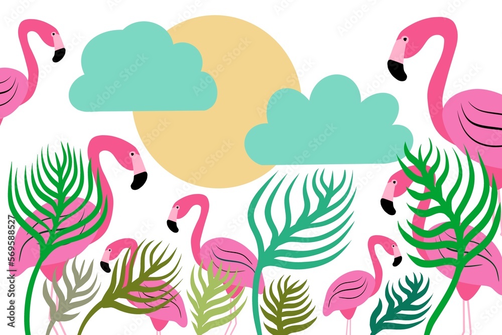 Background with flamingos, sun, clouds and palm leaves
