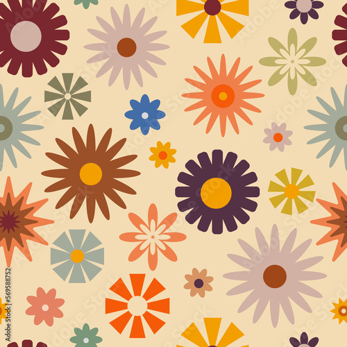 Retro seamless pattern with flowers in 60s style 