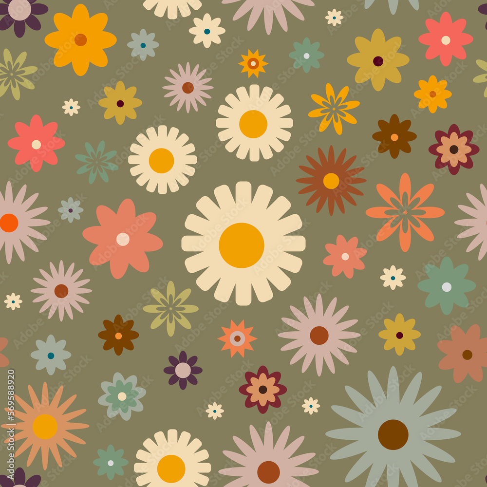 Retro seamless pattern with flowers in 60s style Retro seamless pattern with flowers in 60s style