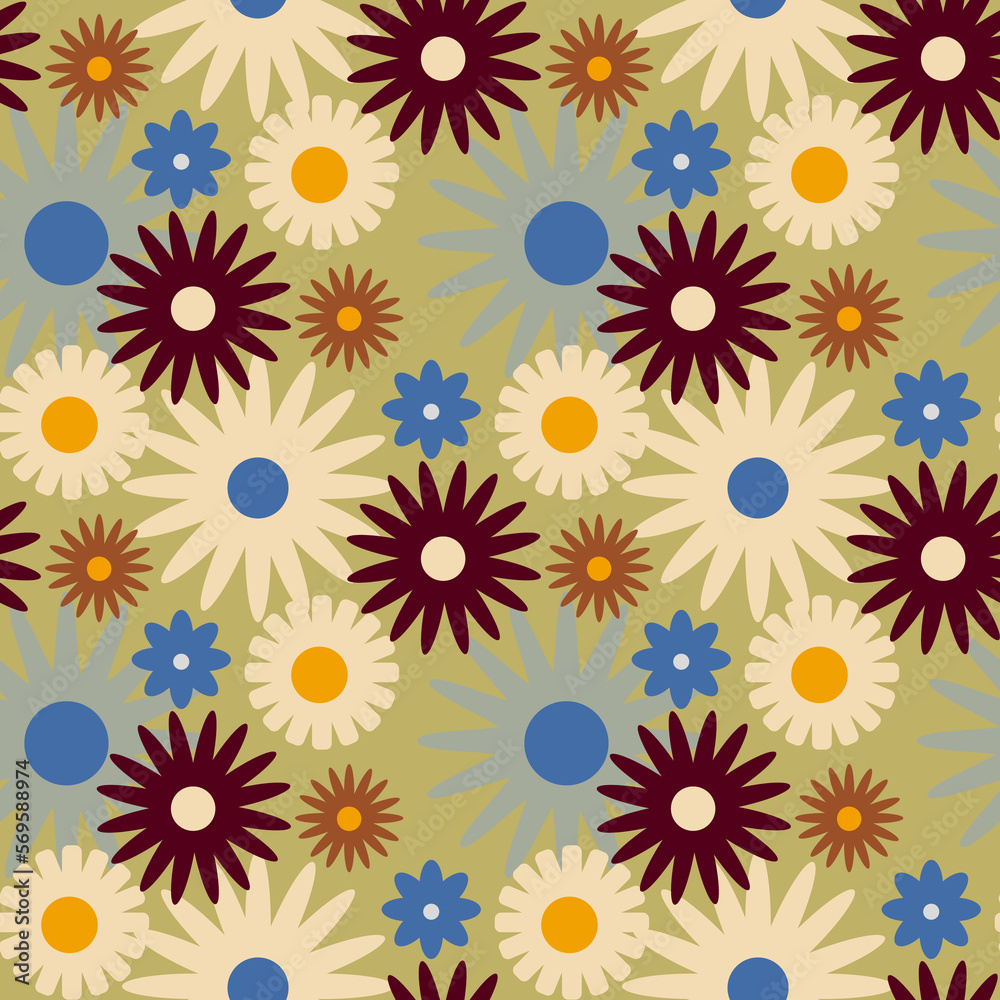 Retro seamless pattern with flowers in 60s style 