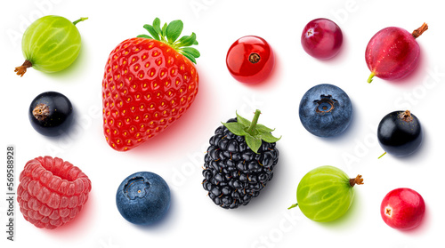 Fruits and berries isolated on white background  top view  flat lay