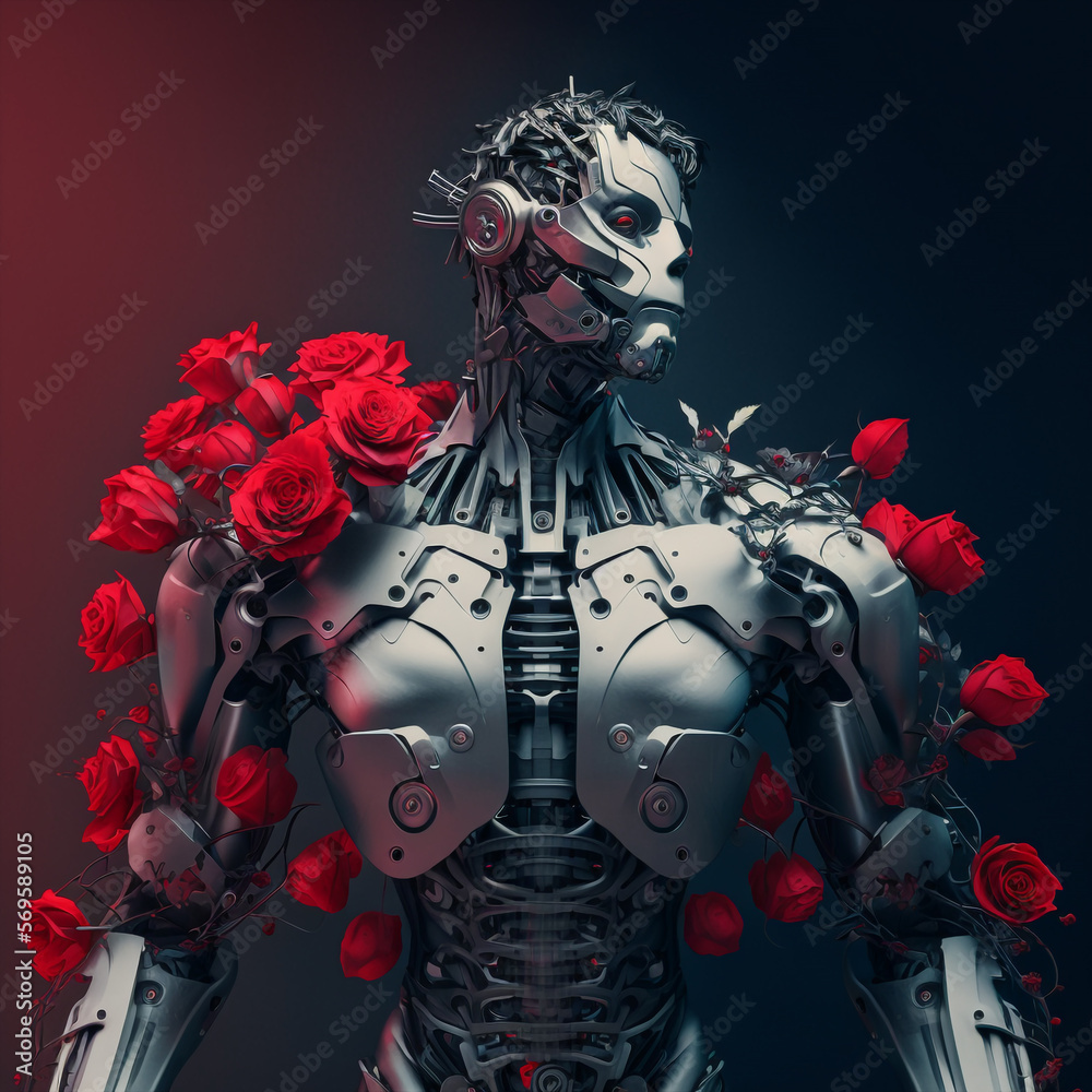 generative ai illustration romantic robot cyborg with red roses around, abstract virtual love theme