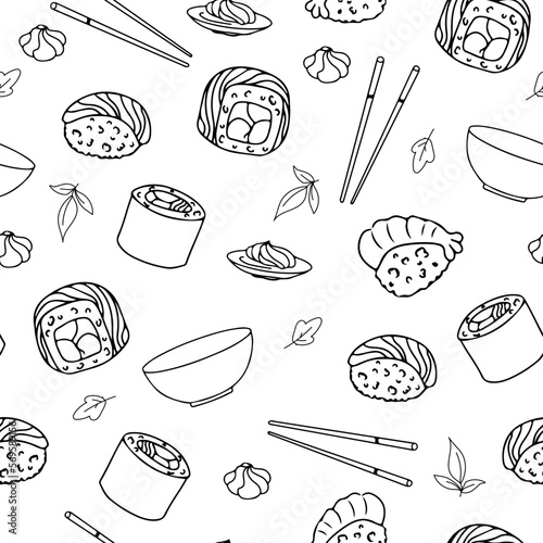Seamless pattern Set for sushi. Different types of sushi and rolls. Traditional Japanese roll, with tobiko caviar, original with Philadelphia cheese and soy sauce, salmon and king prawns. 