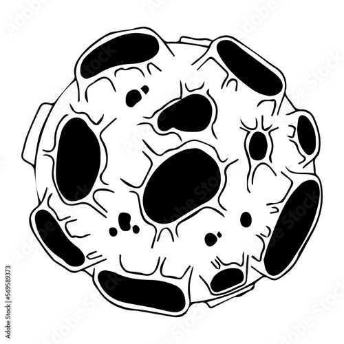 Asteroid with craters. Space object. Planet, meteorite, Moon. Exploration of open space. Vector black and white illustration on a white background.