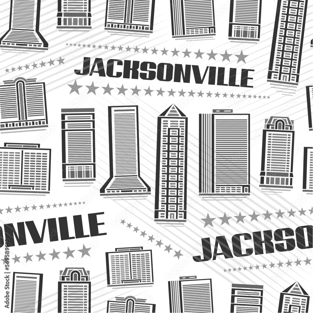 Vector Jacksonville Seamless Pattern, repeat background with illustration of famous jacksonville city scape on white background for wrapping paper, line art urban poster with black text jacksonville