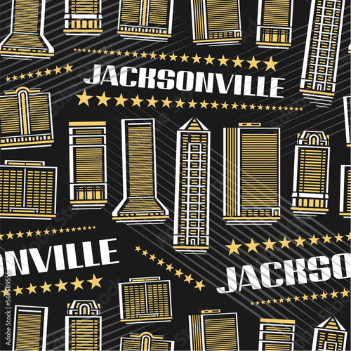 Vector Jacksonville Seamless Pattern, repeating background with illustration of famous jacksonville city scape on dark background for wrapping paper, line art urban poster with white text jacksonville