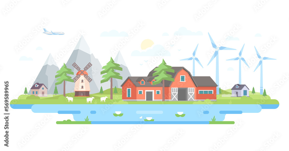 Farm by the mountains - modern flat design style illustration