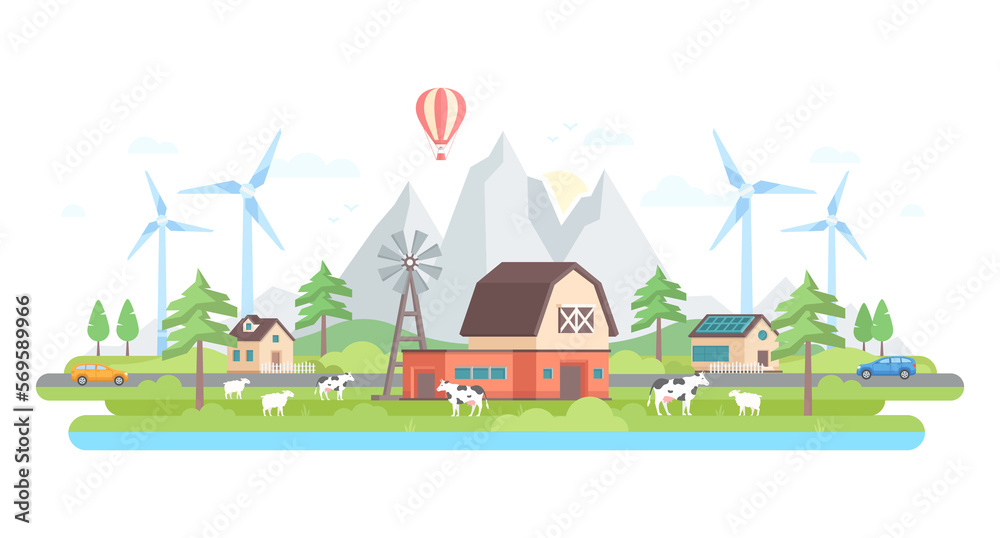 Farm by the mountains - modern flat design style illustration Farm by the mountains - modern flat design style illustration