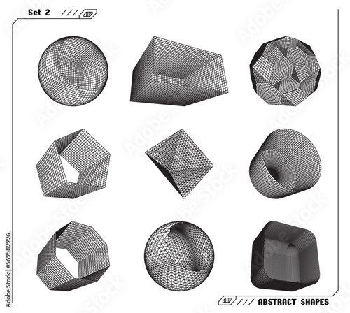 Fototapeta Naklejka Na Ścianę i Meble -  Set of abstract 3d wireframe shapes or elements with open edges. Scientific and geometric abstraction with deformed shapes.
