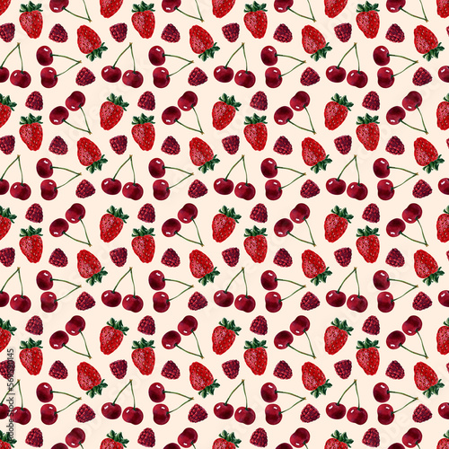 Watercolor seamless pattern with buns, cream cupcakes and ripe strawberries, raspberries and cherries