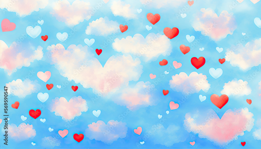 Watercolor hand painted background. Clouds and hearts in pastel colors. Creative background or wallpapers. Wedding, St. Valentine's day or kids concept. Generative AI