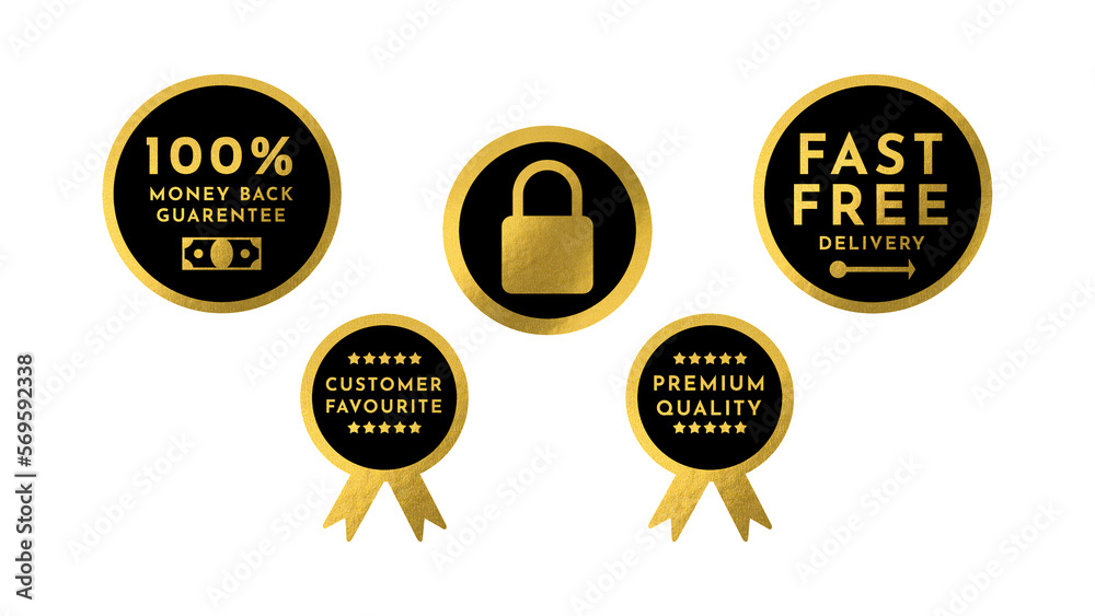 Fototapeta premium Set of marketing badges, gold badges. Simple flat style professional labels, stickers with text. Sale quality tags and labels.