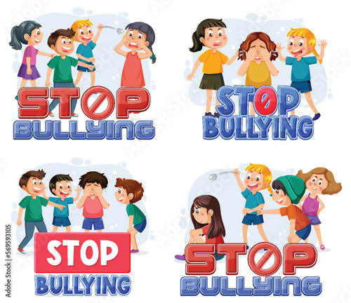 Set of kid cartoon character bullying