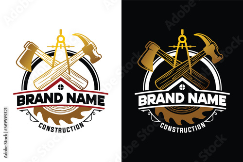 geometry compass saw and hammer Construction tools illustration logo design