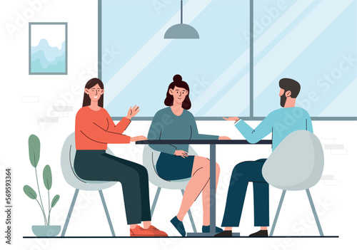 Conversation at table. Man and woman communicate and interact. Brainstorming, idea and insight. Partners and colleagues working on common project, business meeting. Cartoon flat vector illustration