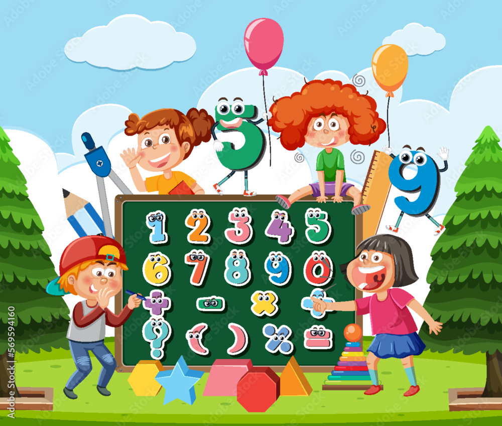 Obraz premium School kids with math theme outdoor background