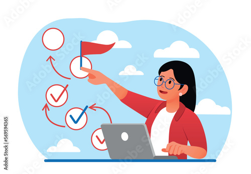 Woman with target. Girl with laptop sets goals. Motivation and leadership, planner and to do list, checklist. Hard working entrepreneur, businesswoman or employee. Cartoon flat vector illustration © Rudzhan