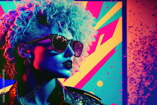 1980s pop art illustration of a blonde female singer wearing sunglasses on a fictional album cover, generative AI © J S