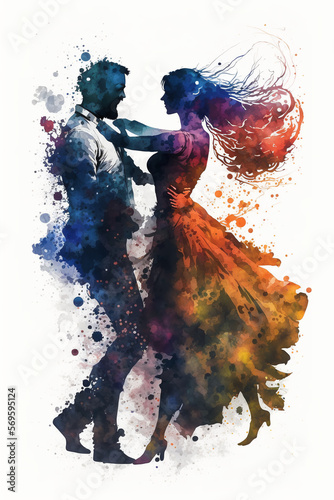 Silhouettes of an dancing couple in detailed watercolors.Generative AI photo