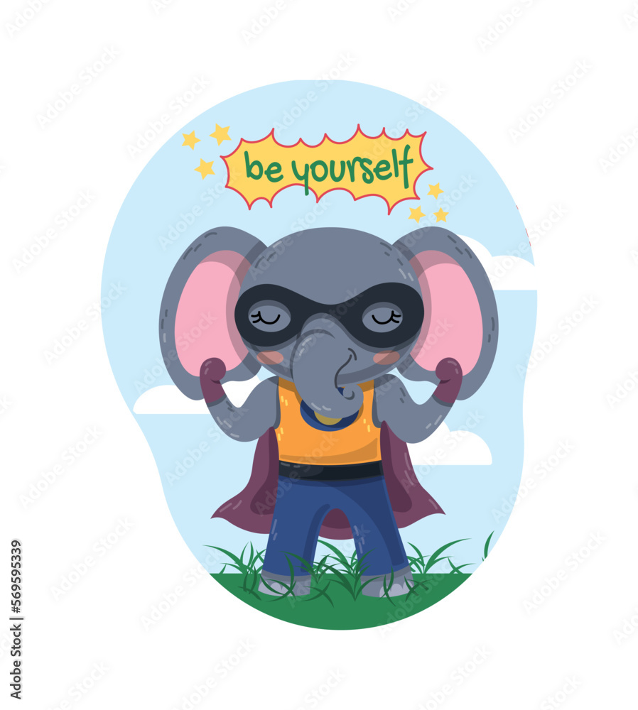 Elephant superhero concept. Cute animal with trunk and big ears wearing mask and cloak. Fictional character with super powers, imagination and fantasy, dream. Cartoon flat vector illustration
