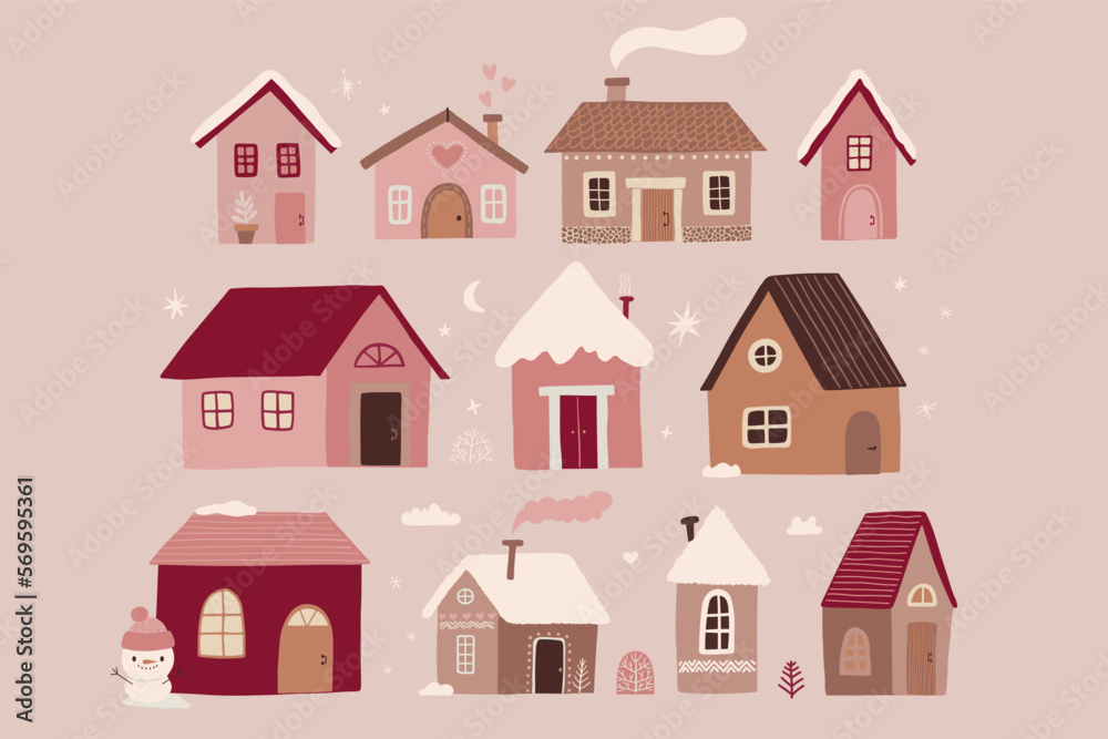 Cute Christmas houses. Winter village. Decorated Houses town.