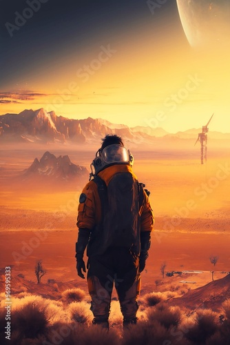 Lonely guy standing in abandoned planet