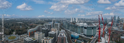 Aerial London Skyline view near Battersea Power Station in London. Cloudy weather over London. © Aerial Film Studio