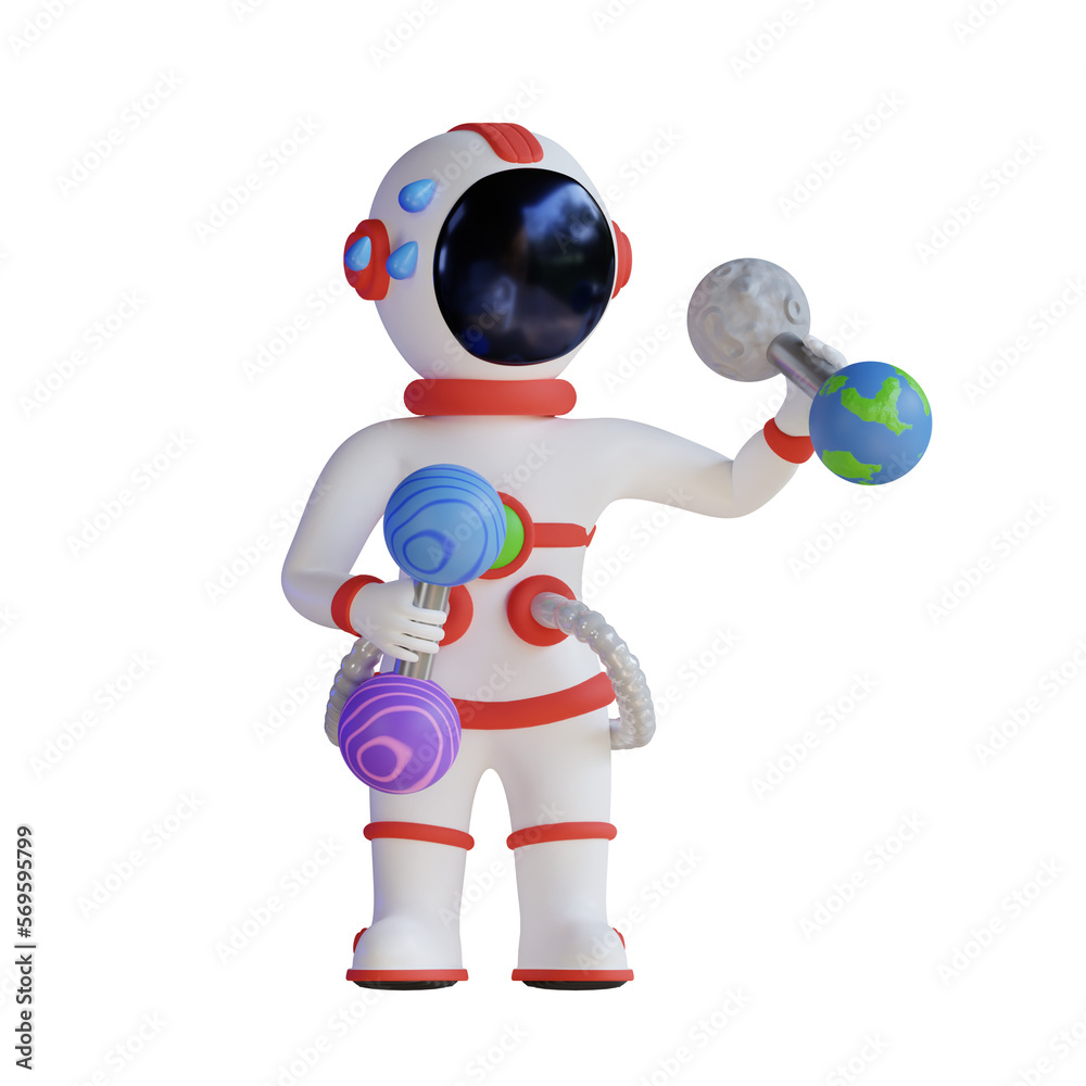 Astronaut Lifting Moon And Earth Barbell 3D Illustration Astronaut Lifting Moon And Earth Barbell 3D Illustration
