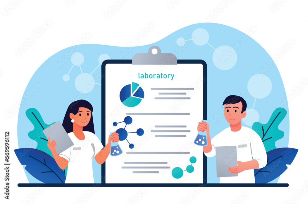 Scientific research concept. Man and woman write report about experiments in lab. Study of molecules, substances and atoms, biology and chemistry, drug development. Cartoon flat vector illustration Scientific research concept. Man and woman write report about experiments in lab. Study of molecules, substances and atoms, biology and chemistry, drug development. Cartoon flat vector illustration