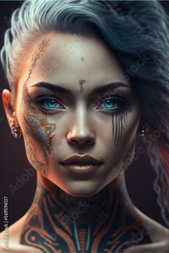 A futuristic young woman with facial tattoo AI Generated Image