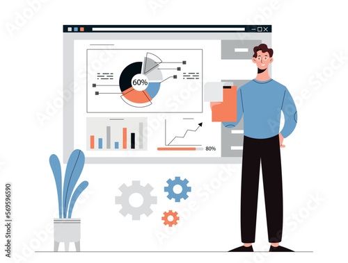 Production overview concept. Man looks at graphs, diagrams and charts, working with statistics and infographics. Marketing research, feedback and review metaphor. Cartoon flat vector illustration