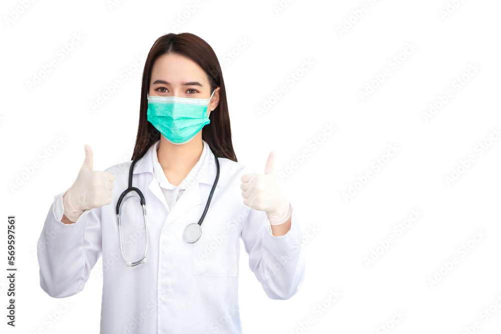 Asian professional woman doctor who wears medical coat and face mask shows thump up as “good” sign on a white background in health protection concept. Asian professional woman doctor who wears medical coat and face mask shows thump up as “good” sign on a white background in health protection concept.