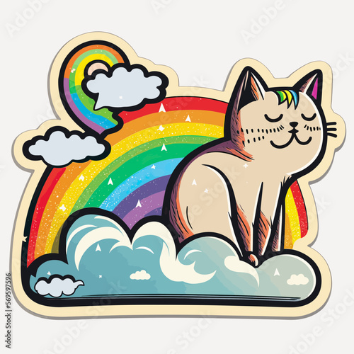 A Nyan Cat On A Cloud In Front Of A Rainbow. Editable Vector Illustration. Die Cut Sticker.