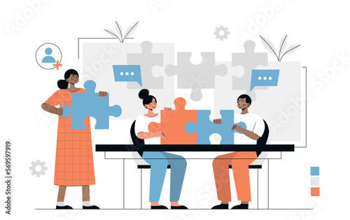 New team member. Men and woman collect puzzles. Adaption in work place . Employees working on common project, partners and colleagues. Poster or banner for website. Cartoon flat vector illustration