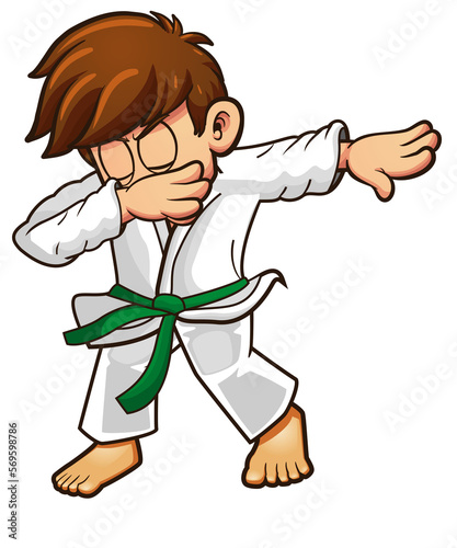 Dabbing judo or karateka cartoon character with green belt