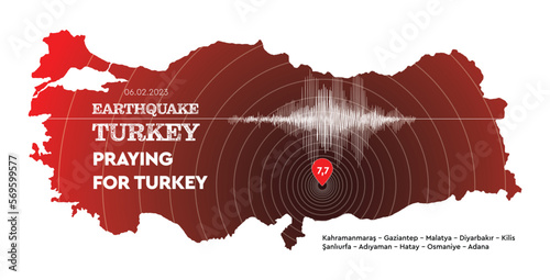 Turkey Earthquake concept on turkey map. Praying for Turkey.
