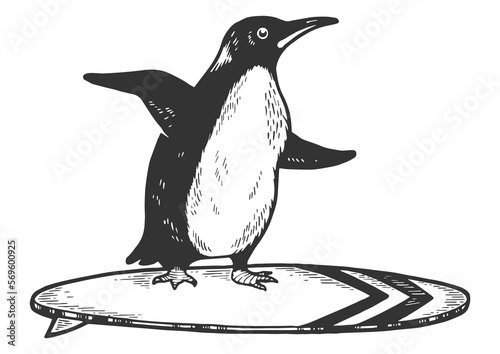 Canvas Print Penguin rides on surfboard sketch engraving PNG illustration with transparent ba